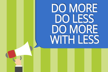 Word writing text Do More Do Less Do More With Less. Business concept for dont work hard work smart be unique Man holding megaphone loudspeaker speech bubble message speaking loud