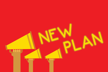 Conceptual hand writing showing New Plan. Business photo showcasing Start of a detailed proposal of doing or achieving something Megaphones loudspeakers loud scream talking speech listen