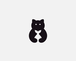 Cat with fish in negative space logo design. Pet food store vector icon logotype.