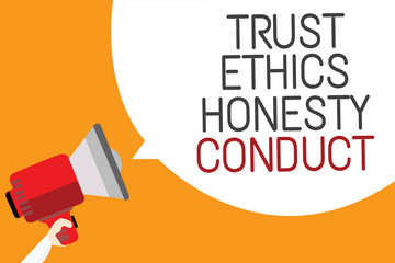 Text sign showing Trust Ethics Honesty Conduct. Conceptual photo connotes positive and virtuous attributes Man holding megaphone loudspeaker speech bubble message orange background