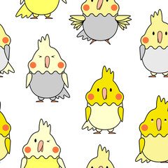 Seamless vector pattern with cute yellow and gray parrots. 