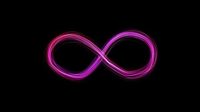 Infinity symbol appears of multiple glowing lines, animated figure. Emerging glowing gradient purple and pink infinity sign on black background from many lines. Lines draw moving infinity sign.