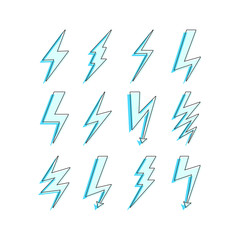 Lightning bolt icons. Thunder zigzag flash light power electric thunderbolt speed arrow voltage strike electrical immediate vector set