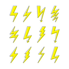 Lightning bolt icons. Thunder zigzag flash light power electric thunderbolt speed arrow voltage strike electrical immediate vector set