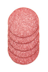 Salami sausage slices, isolated on white background