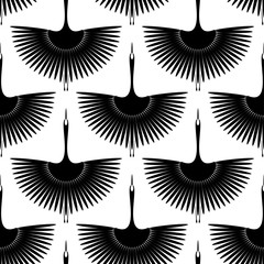 Flying bird. Swan. Seamless oriental pattern. Vector wallpaper.
