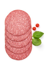 Salami smoked sausage slices, isolated on white background