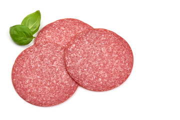 Salami smoked sausage slices, isolated on white background