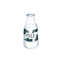Watercolor glass bottle of milk. Illustration isolated on white. Hand drawn fresh drink perfect for trendy design, poster, label, logo, postcard, wallpaper, icon, highlight covers