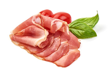 Italian prosciutto crudo or spanish jamon, isolated on white background