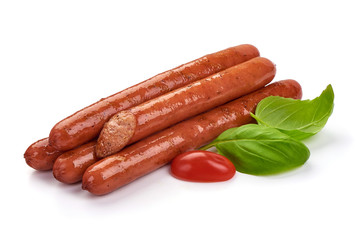 Grilled Pork Sausages with basil leaves, isolated on white background