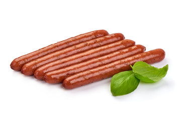 Grilled Pork Sausages with basil leaves, isolated on white background