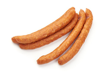 Smoked pork sausages, dry meat, isolated on white background