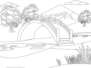 Japanese garden, nature, park. Mountain background. Bright, children drawing. In minimalist style. Cartoon flat vector coloring