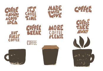 Coffee mugs with quotes isolated. Vector illustration.