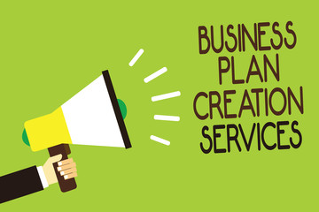 Conceptual hand writing showing Business Plan Creation Services. Business photo showcasing paying for professional to create strategy Man holding megaphone green background message speaking loud