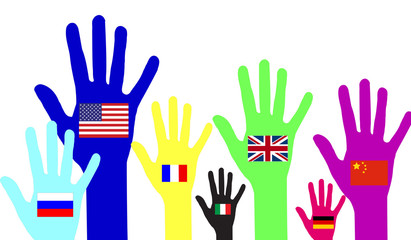 mani colorate di varia misura con bandiere nel palmo della mano