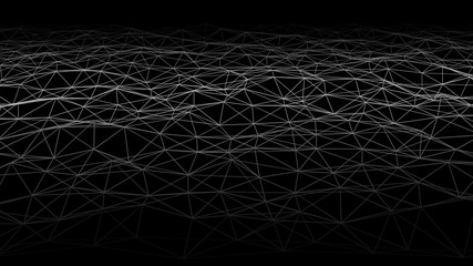 Network of bright connected lines. Gradient wave on black background. Abstract digital background. Futuristic vector illustration.