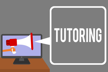 Conceptual hand writing showing Tutoring. Business photo showcasing An act of a person employed to administer knowledge to someone Man holding Megaphone computer screen talking speech bubble