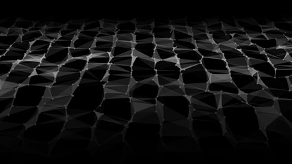 Network of bright connected dots and triangles. Gradient wave on black background. Abstract digital background. Futuristic vector illustration.