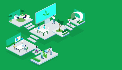 Environmentally friendly workplace concept. Green working zone with plants and flowers. Biophilic design room, eco-friendly workspace, green office concept. Isometric vector illustrate.