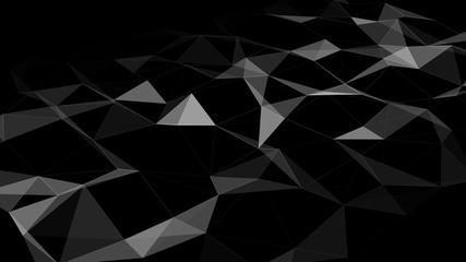 Network of bright connected lines and triangles. Gradient wave on black background. Abstract digital background. Futuristic vector illustration.
