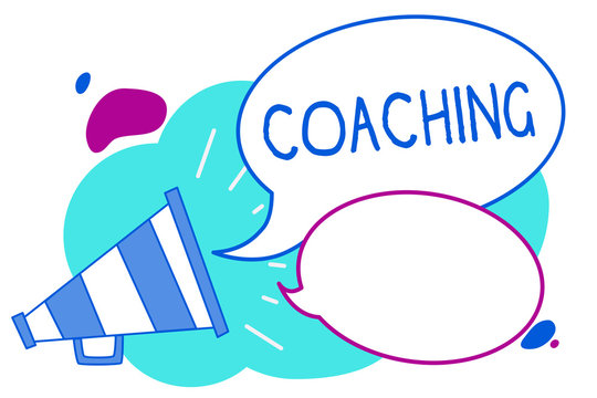 Conceptual hand writing showing Coaching. Business photo text person supports client in achieving specific personal goal Megaphone loudspeaker loud screaming idea talking speech bubbles