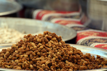 On the counter of the eastern bazaar are nuts. Concept - Vegan