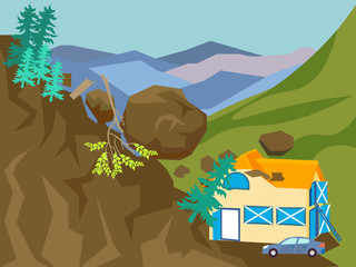 Landslide. The building is falling asleep with mountain, earth. In minimalist style Cartoon flat vector