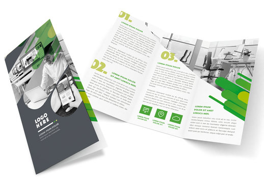 Gray And White Trifold Brochure Layout With Green Accents