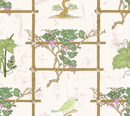 Vine and bird seamless pattern
