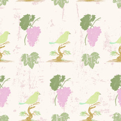 Grape and bird seamless pattern