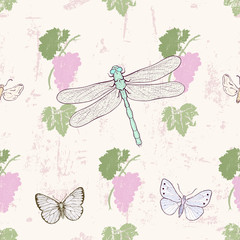 grungy grape seamless pattern with dragonflies