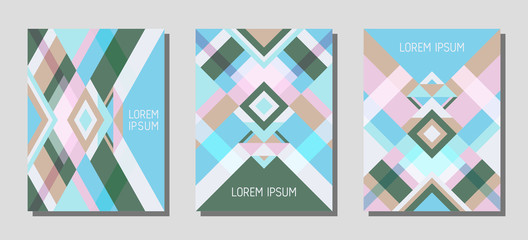 Obraz premium Cover page layout vector template geometric design with triangles and stripes pattern.