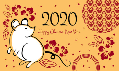 Chinese New Year 2020 print template. Vector illustration with sitting mouse and decorative elements on gold background