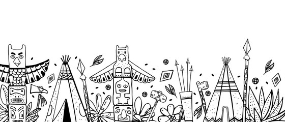 Native American traditional objects in a row. Wigwams, totem poles, cactuses, weapons. Vector hand drawn outline sketch illustration © Alexandra