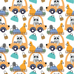 Schattige dieren besturen van een auto met zakken naadloze patroon achtergrond. Ontwerp voor stof, verpakking, textiel, behang, kleding.
