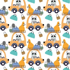 Wallpaper murals Animals in transport Cute animals driving a car with bags seamless pattern background. Design for fabric, wrapping, textile, wallpaper, apparel.