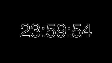 New year night timer on 10 seconds. White timer 10 seconds to 24 hours on black background, Christmas eve concept. Digital clock with white number contours.