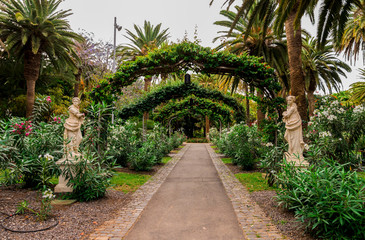 Fototapeta premium A walkpath through scenic garden with sculptures on the sides in Garcia Sanabria park, Santa Cruz de Tenerife, Canary Islands, Spain