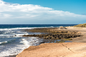 A view of Playa del Cabezo beach and coastline at El Medano town, Tenerife, Spain