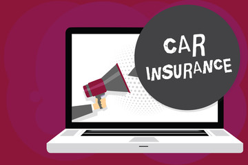 Writing note showing Car Insurance. Business photo showcasing Accidents coverage Comprehensive Policy Motor Vehicle Guaranty Man holding Megaphone computer screen talking speech bubble