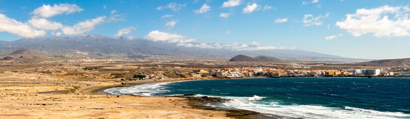A panoramic view of Playa Leocadio Machado beach and El Medano town from Mount Roja nature reserve, Tenerife, Spain