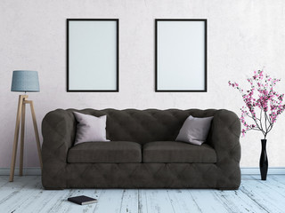 Mock up poster frame in Scandinavian style interior.  3D illustration, 3d render 