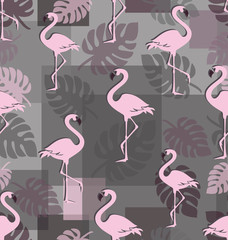Fototapeta premium Pink flamingos with tropical leaves. Seamless pattern. Romantic background with tropical birds. Trendy pink birds among tropical foliage and geometric shapes.