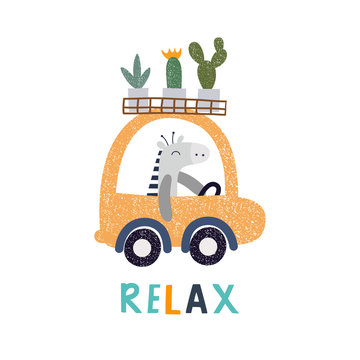 Relax lettering, zebra driving a car. Concept of trips. Vector prints.Illustration  for poster, card, label, banner, flyer, baby wear, kids room decoration. 