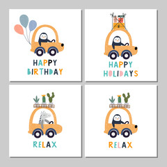 Animals driving cars, set with different vector prints. Illustration  for poster, card, label, banner, flyer, baby wear, kid’s room decoration.