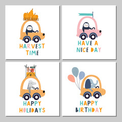 Animals driving cars, set with different vector prints. Illustration  for poster, card, label, banner, flyer, baby wear, kid’s room decoration.