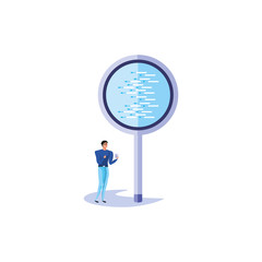 business man using smartphone and magnifying glass