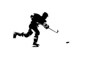 Hockey player shooting puck, ink drawing. Isolated vector silhouette. Ice hockey